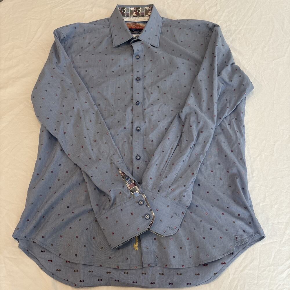 Robert Graham Classic Fit Long Sleeve Button Down Shirt Blue Square Shapes - M